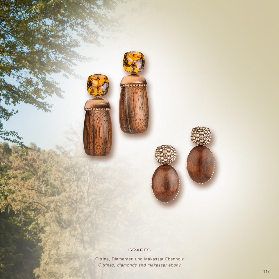 ACORNS Ohrringe Eichel Eichelohrringe mit Citrinen Makassar-Ebenholz Natur-Diamanten Goldbronze 750/000 Roségold Citrinohrring Makassar-Ohrring Makassarebenholdohrring Rosegoldohrring Maßgefertigt aus München Länge 4,5 cm